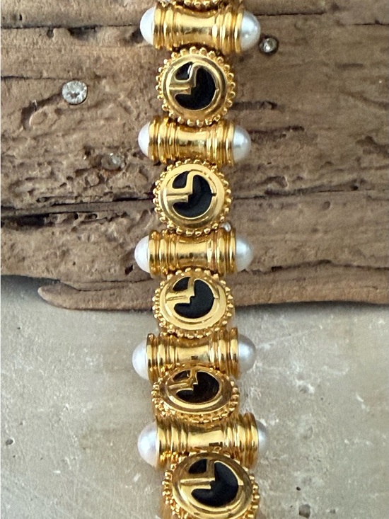 St. John Jewelry - Vintage St. John Gold-Tone, Black Enamel & Pearl Bracelet